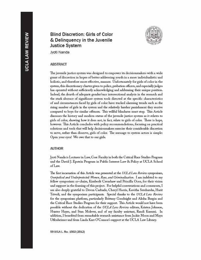 Blind Discretion: Girls of Color & Delinquency in the Juvenile Justice System